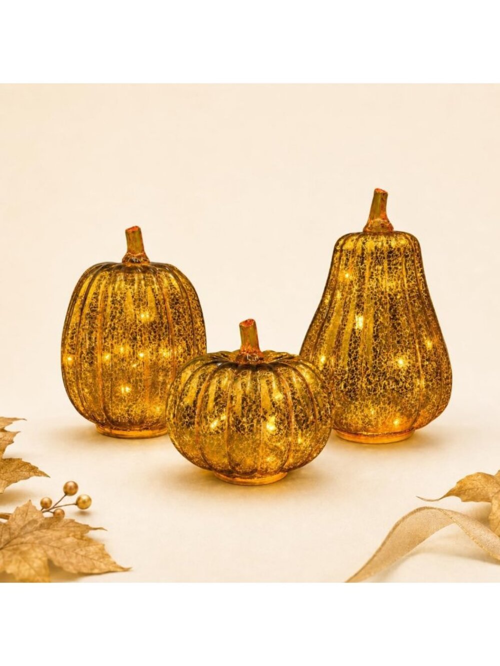 Set of 3 Gold Mercury Glass Pumpkins with Warm White LED Lights - Fall Decor